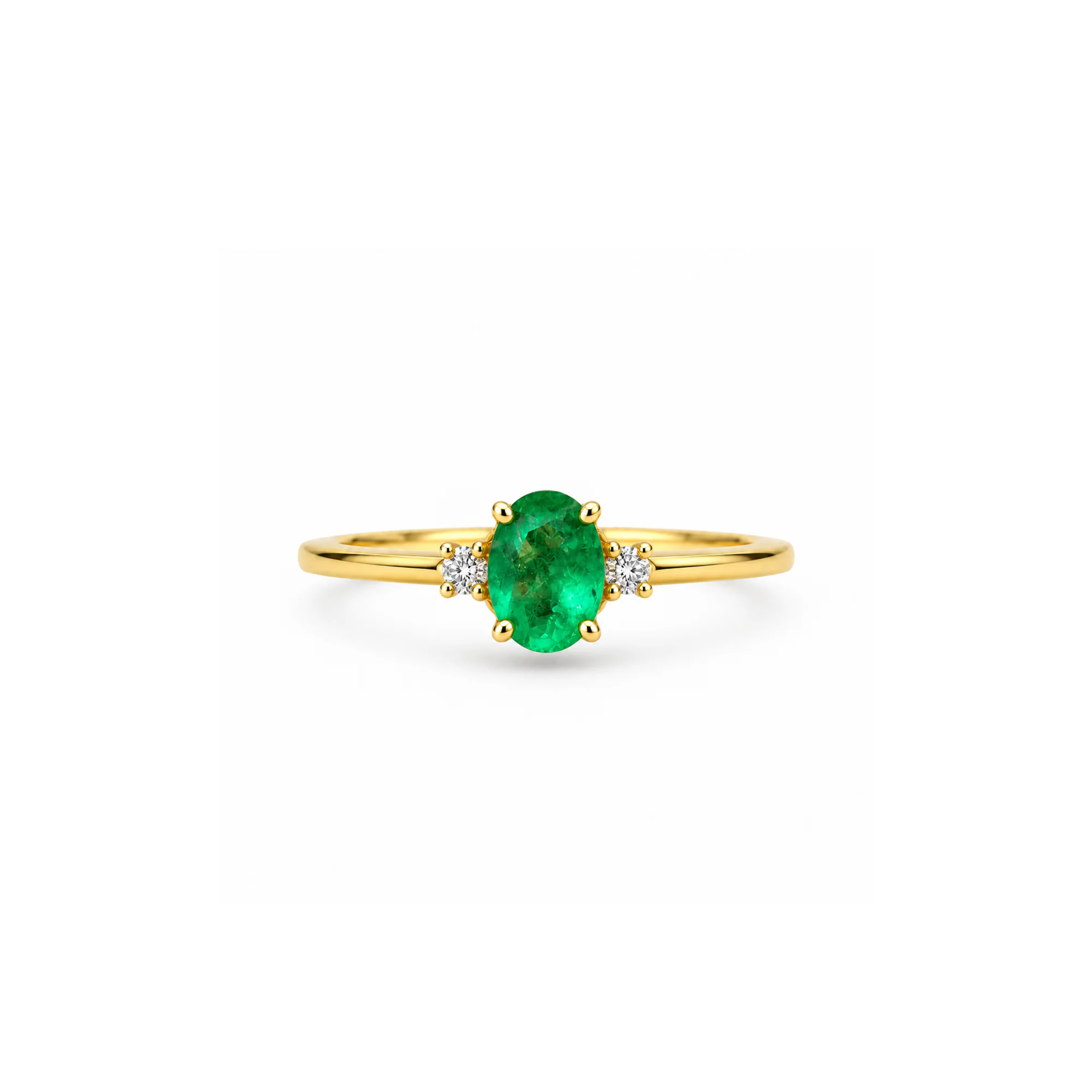 Anel Celeste Coroli em ouro amarelo com esmeralda oval e dois diamantes